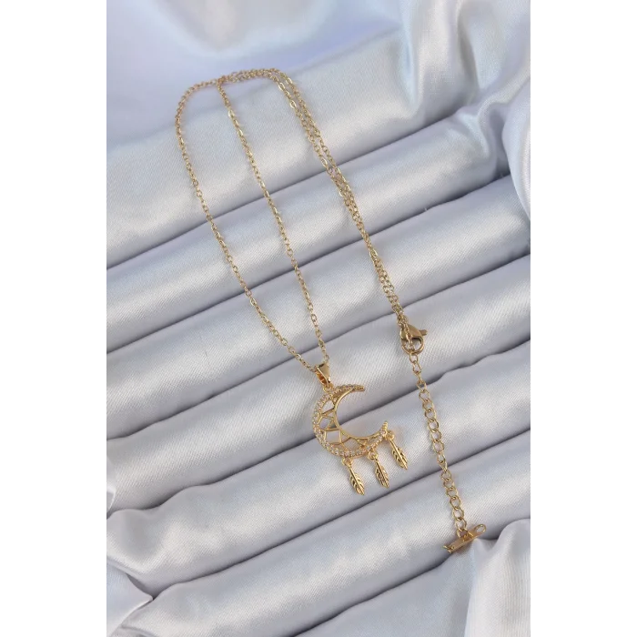 BUĞZ 316L Çelik Zincir Altın Renk İşlemeli Zirkon Taşlı Ay Kolye