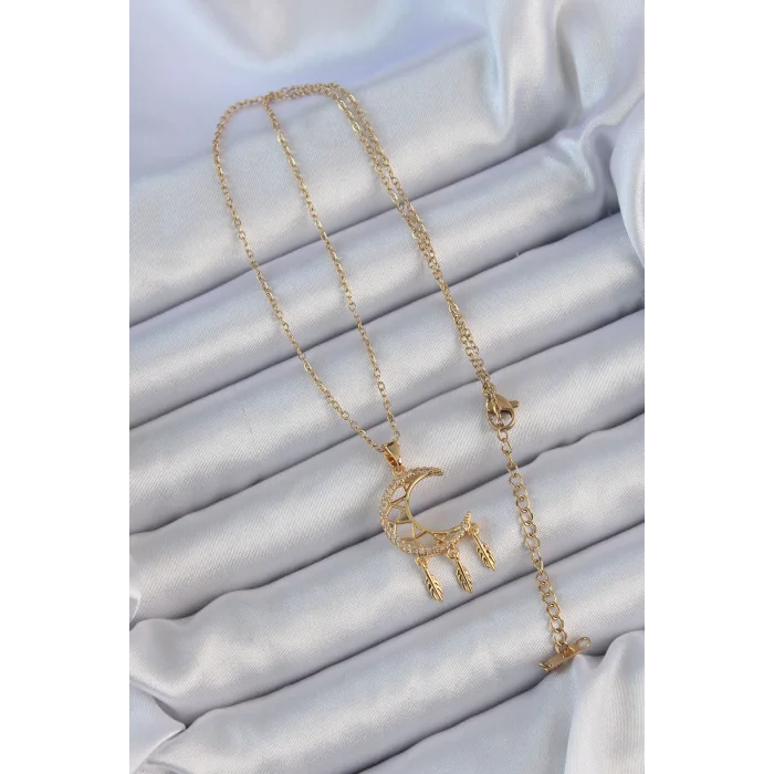 BUĞZ 316L Çelik Zincir Altın Renk İşlemeli Zirkon Taşlı Ay Kolye - Lisinya