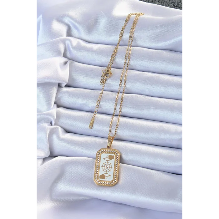 BUĞZ 316L Çelik Zincir Altın Renk Mineli Zirkon Taşlı Göz Figür Tarot Kolye - Lisinya