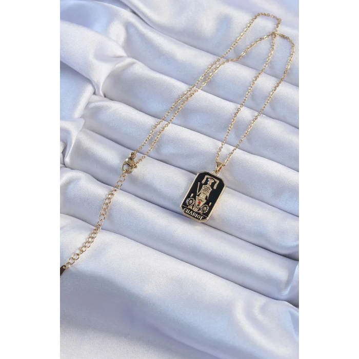 BUĞZ 316L Çelik Zincir Altın Renk Siyah Mineli Tarot Kolye - Lisinya