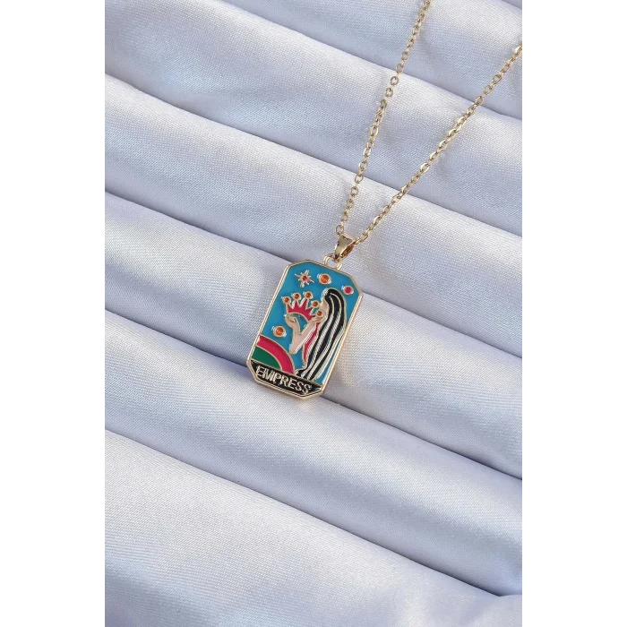 BUĞZ 316L Çelik Zincir Altın Renk Taç ve Kız Figürlü Renkli Mineli Tarot Kolye