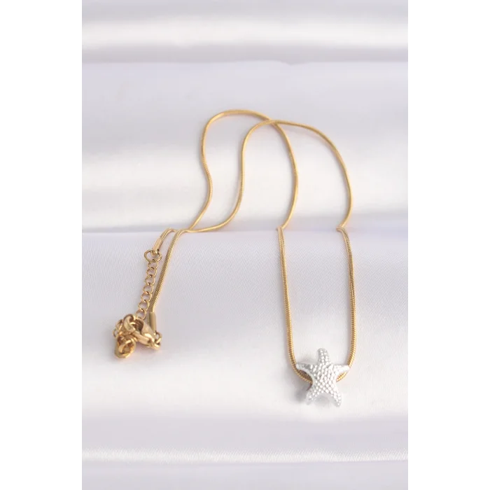 BUĞZ 316L Çelik Zincir Altın Renk Zincirli Gümüş Renk Deniz Yıldızı Tasarımlı Kolye - Lisinya