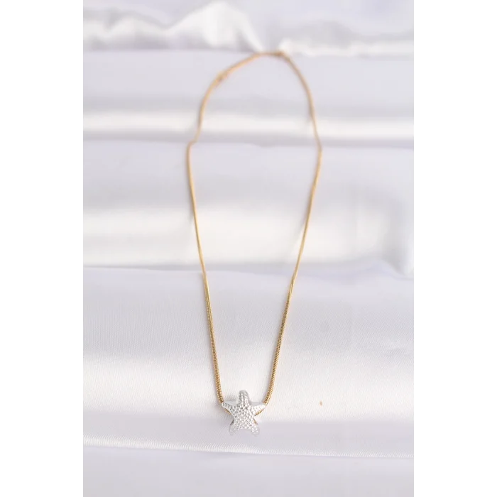 BUĞZ 316L Çelik Zincir Altın Renk Zincirli Gümüş Renk Deniz Yıldızı Tasarımlı Kolye - Lisinya