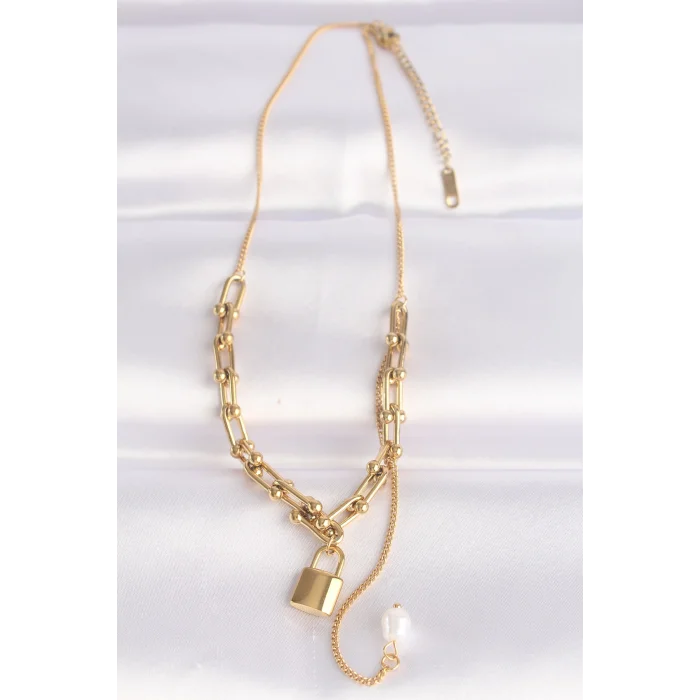 BUĞZ 316L Çelik Zincir Altın Renk Zincirli Love Yazılı Kilit Kolye - Lisinya