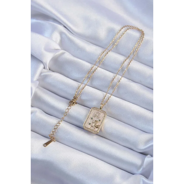 BUĞZ 316L Çelik Zincir Altın Renk Zirkon Taşlı Aslan Figürlü Tarot Kolye