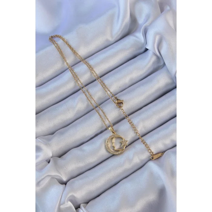 BUĞZ 316L Çelik Zincir Altın Renk Zirkon Taşlı Ay Yıldız Simgeli Atatürk Kolye