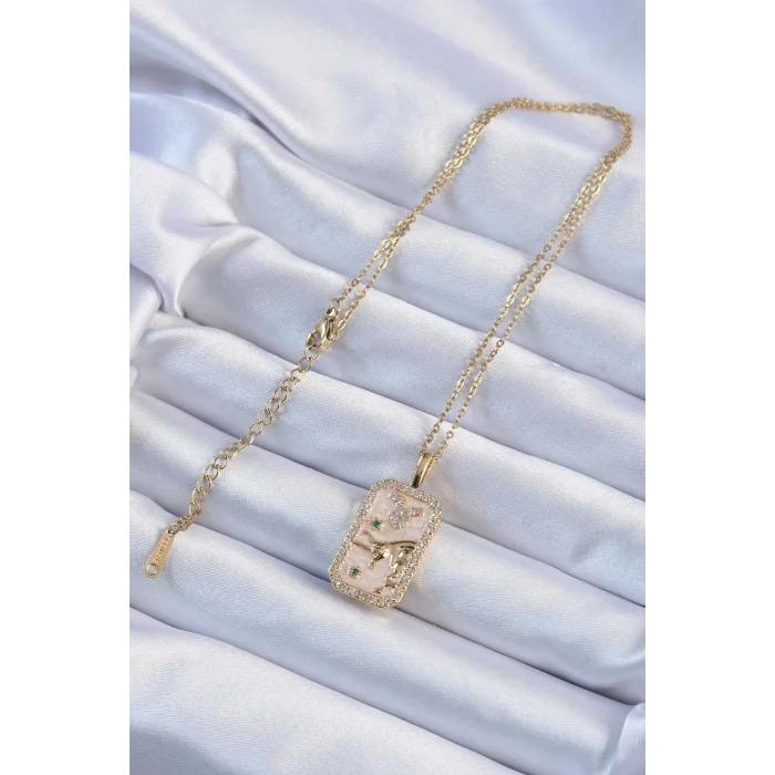 BUĞZ 316L Çelik Zincir Altın Renk Zirkon Taşlı Boğa Figürlü Tarot Kolye - Lisinya