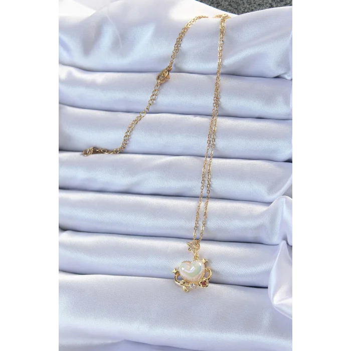 BUĞZ 316L Çelik Zincir Altın Renk Zirkon Taşlı Gezegen Görünümlü Kalp Kolye - Lisinya