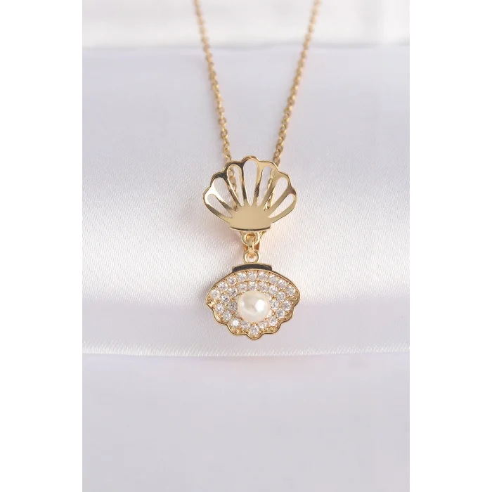 BUĞZ 316L Çelik Zincir Altın Renk Zirkon Taşlı İnci Detay İstiridye Kolye