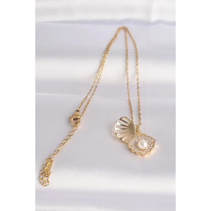 BUĞZ 316L Çelik Zincir Altın Renk Zirkon Taşlı İnci Detay İstiridye Kolye