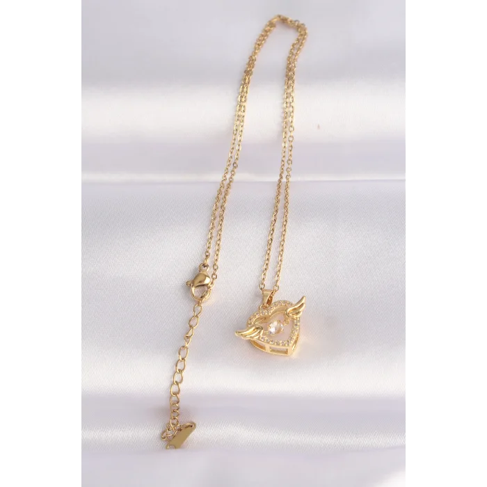 BUĞZ 316L Çelik Zincir Altın Renk Zirkon Taşlı Kanatlı Kalp Kolye - Lisinya