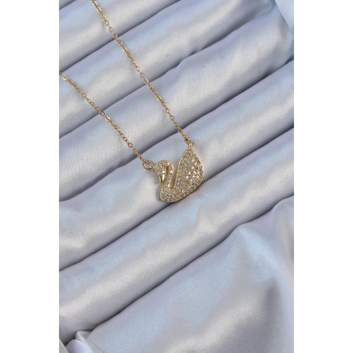 BUĞZ 316L Çelik Zincir Altın Renk Zirkon Taşlı Kuğu Kolye