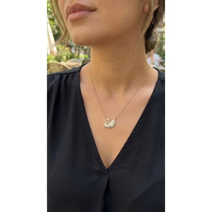 BUĞZ 316L Çelik Zincir Altın Renk Zirkon Taşlı Kuğu Kolye