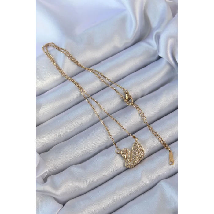 BUĞZ 316L Çelik Zincir Altın Renk Zirkon Taşlı Kuğu Kolye