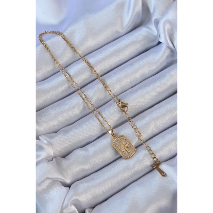 BUĞZ 316L Çelik Zincir Altın Renk Zirkon Taşlı Kutup Yıldızlı Vintage Kolye - Lisinya