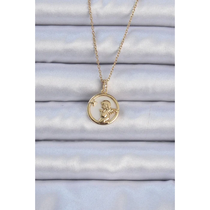 BUĞZ 316L Çelik Zincir Altın Renk Zirkon Taşlı Mineli Melek Kolye