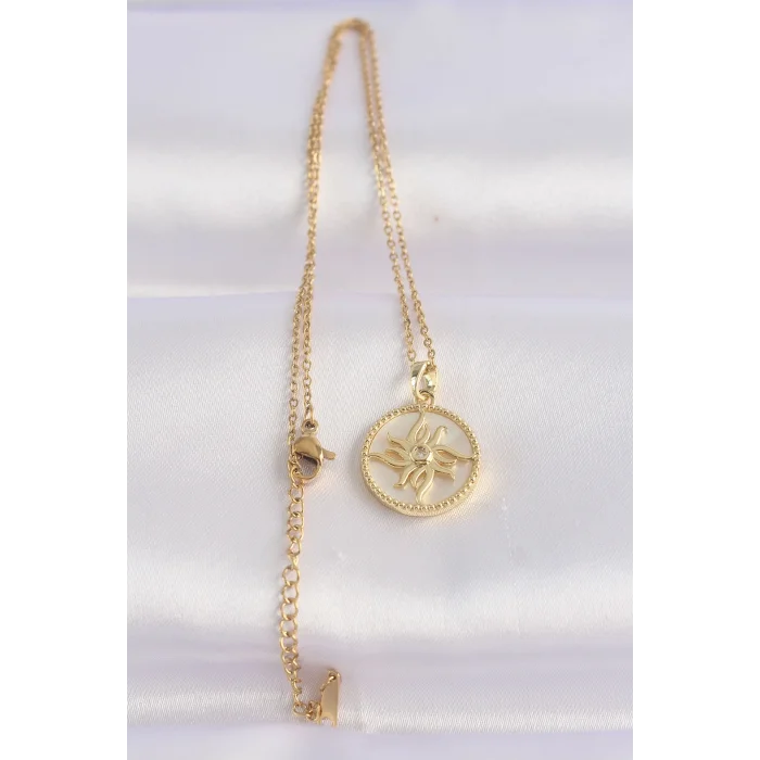 BUĞZ 316L Çelik Zincir Altın Renk Zirkon Taşlı Oval Tasarım Güneş Kolye