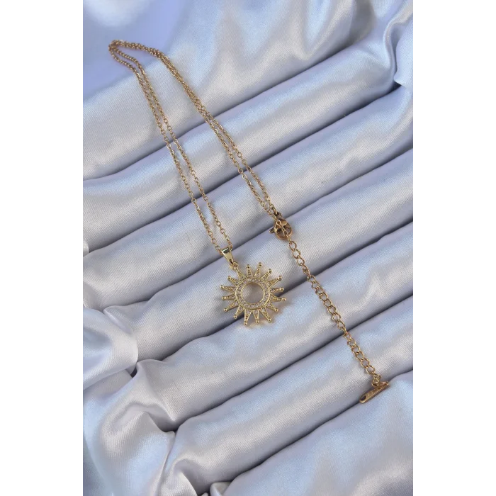 BUĞZ 316L Çelik Zincir Altın Renk Zirkon Taşlı Parlayan Güneş Kolye - Lisinya