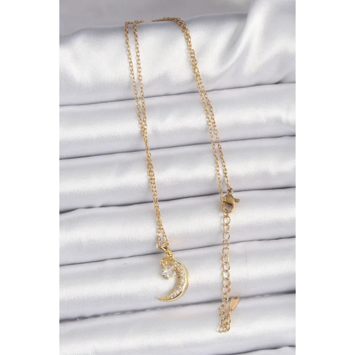 BUĞZ 316L Çelik Zincir Altın Renk Zirkon Taşlı Sallantılı Ay Yıldız Kolye - Lisinya