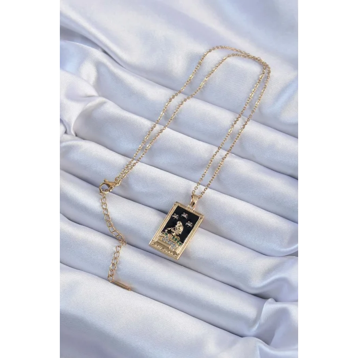 BUĞZ 316L Çelik Zincir Altın Renk Zirkon Taşlı Siyah Mineli Kız Figürlü Tarot Kolye