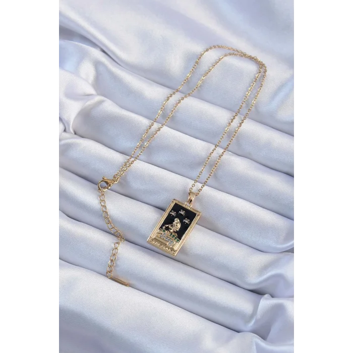 BUĞZ 316L Çelik Zincir Altın Renk Zirkon Taşlı Siyah Mineli Kız Figürlü Tarot Kolye - Lisinya