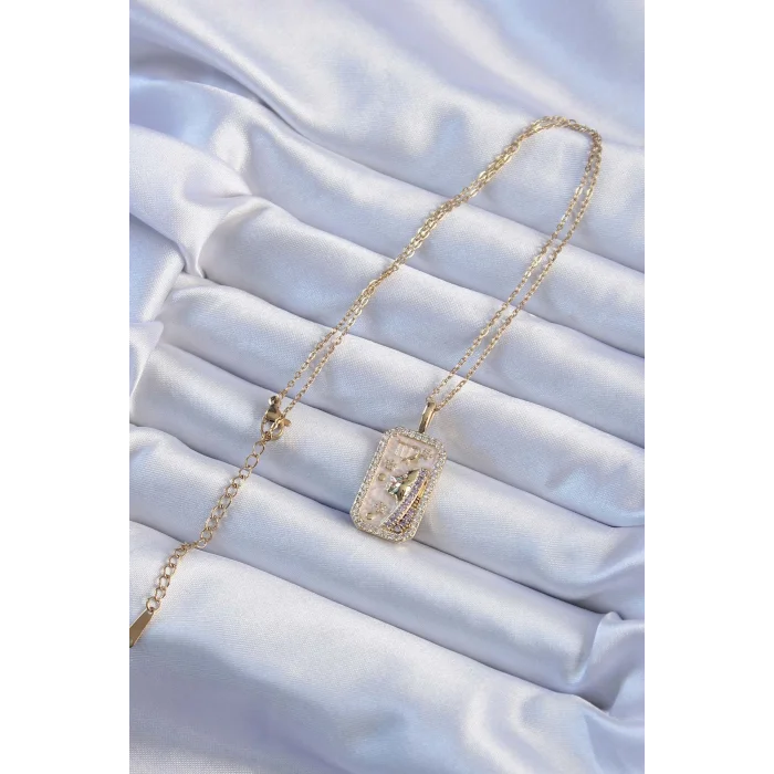 BUĞZ 316L Çelik Zincir Altın Renk Zirkon Taşlı Yüz Figürlü Tarot Kolye - Lisinya