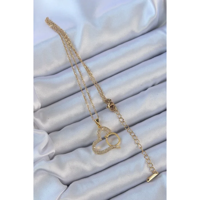 BUĞZ 316L Çelik Zincir Altın Renk Zirkon Taşlı Yüzüklü Kalp Kolye