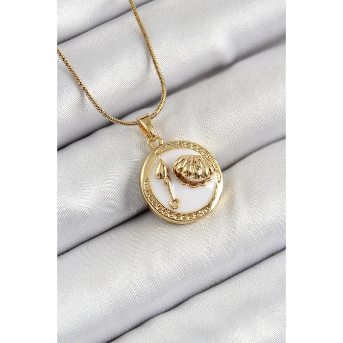 BUĞZ 316L Çelik Zincir Beyaz Mineli Sanatsal Portre İstiridye Model Gold Renk Kadın Kolye