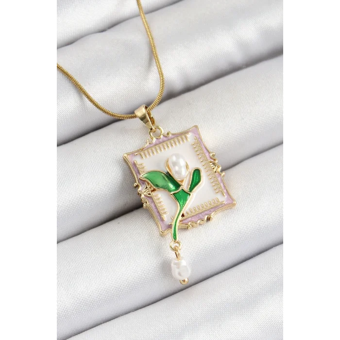 BUĞZ 316L Çelik Zincir Beyaz Sanatsal Portre Sallantılı İnci Detaylı Lale Model Gold Renk Kadın Kolye