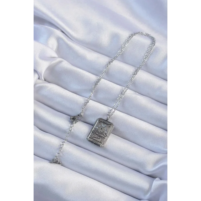 BUĞZ 316L Çelik Zincir Eskitme Gümüş Renk Ay Figürlü Tarot Kolye