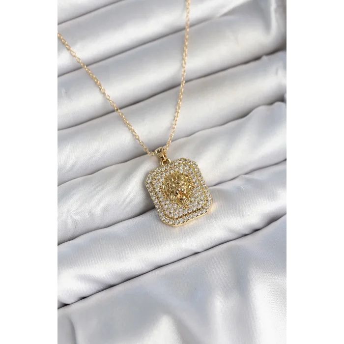 BUĞZ 316L Çelik Zincir Gold Aslan Madalyon Model Zirkon Taşlı Kadın Kolye