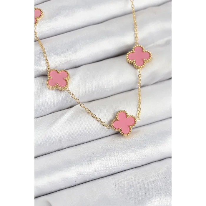 BUĞZ 316L Çelik Zincir Gold Pembe Renk Yonca Kadın Kolye