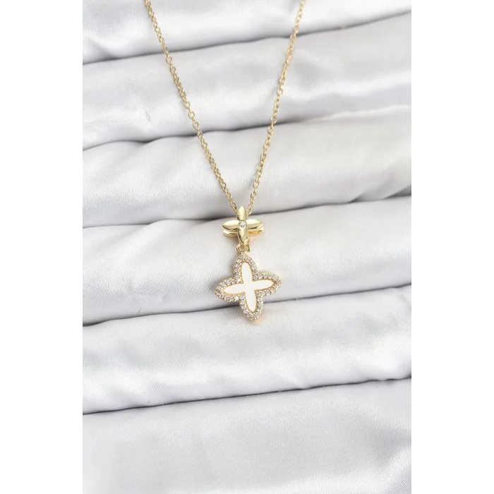 BUĞZ 316L Çelik Zincir Gold Renk 4 Yapraklı Yonca Model Zirkon Taşlı Kadın Kolye