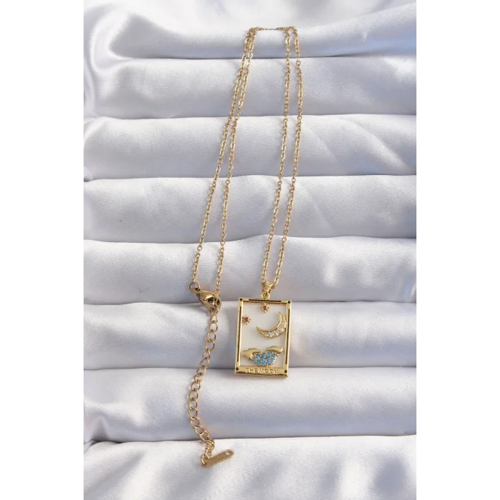 BUĞZ 316L Çelik Zincir Gold Renk Ay Detay Mavi Zirkon Taşlı Tarot Kolye - Lisinya