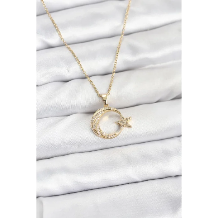 BUĞZ 316L Çelik Zincir Gold Renk Ay Yıldız Model Zirkon Taşlı Kadın Kolye