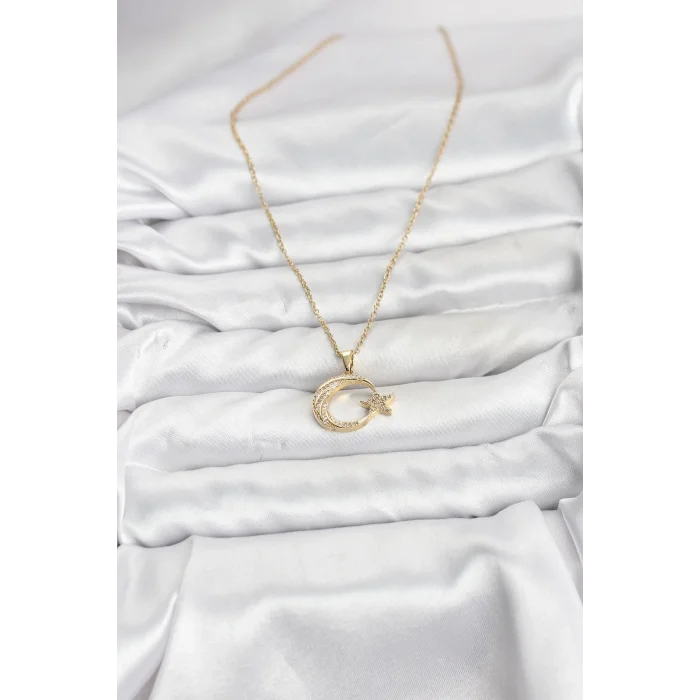 BUĞZ 316L Çelik Zincir Gold Renk Ay Yıldız Model Zirkon Taşlı Kadın Kolye