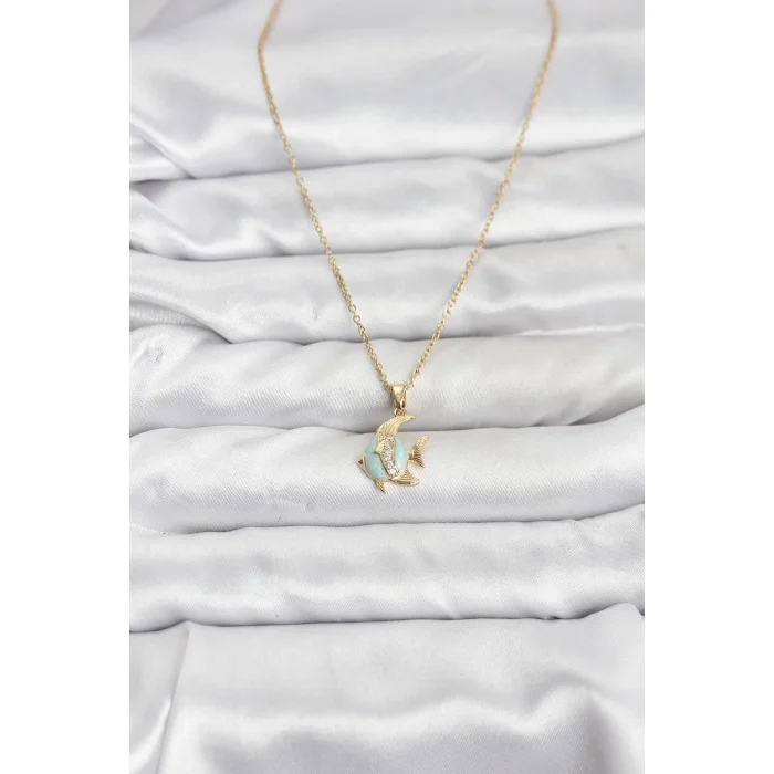 BUĞZ 316L Çelik Zincir Gold Renk Balık Model Zirkon Taşlı Kadın Kolye