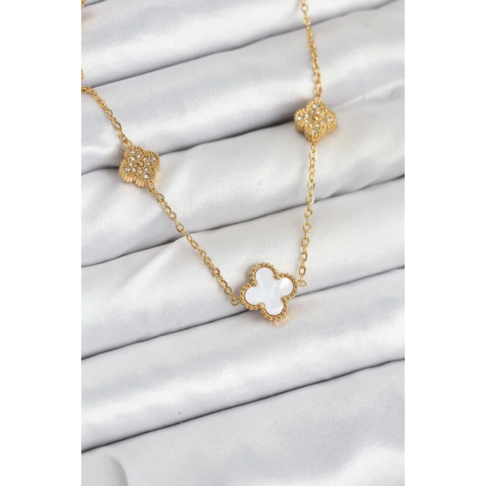 BUĞZ 316L Çelik Zincir Gold Renk Beyaz ve Zirkon Taşlı Yonca Kadın Kolye