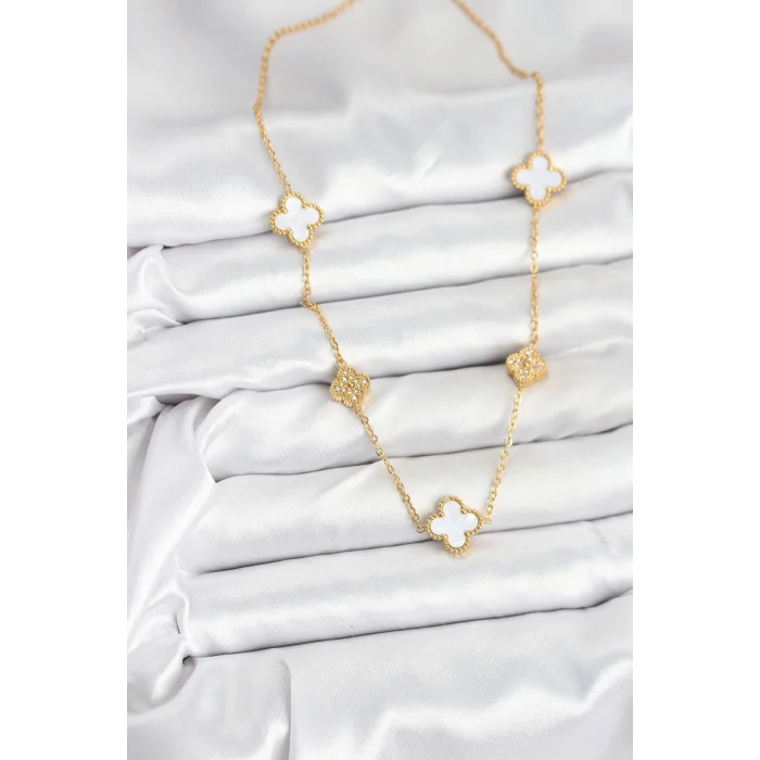 BUĞZ 316L Çelik Zincir Gold Renk Beyaz ve Zirkon Taşlı Yonca Kadın Kolye
