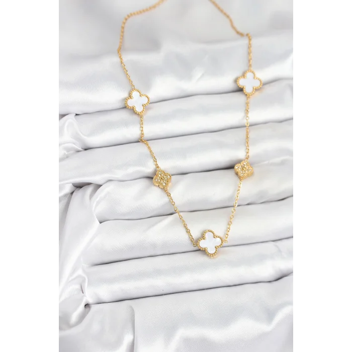 BUĞZ 316L Çelik Zincir Gold Renk Beyaz ve Zirkon Taşlı Yonca Kadın Kolye - Lisinya