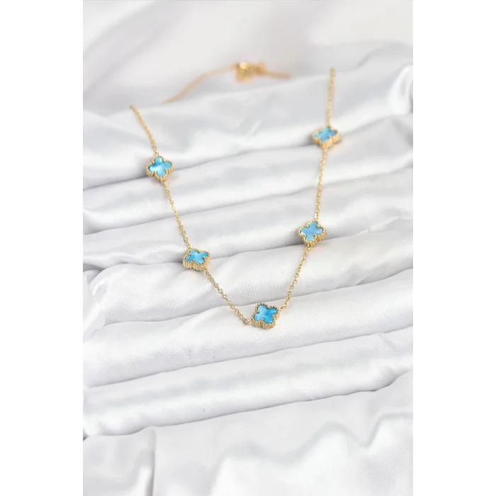 BUĞZ 316L Çelik Zincir Gold Renk Buz Mavisi Baby Boy Yonca Kadın Kolye