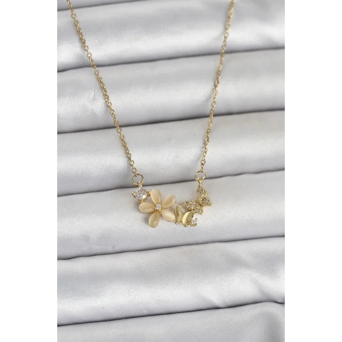 BUĞZ 316L Çelik Zincir Gold Renk Çiçek ve Kelebek Model Kadın Kolye