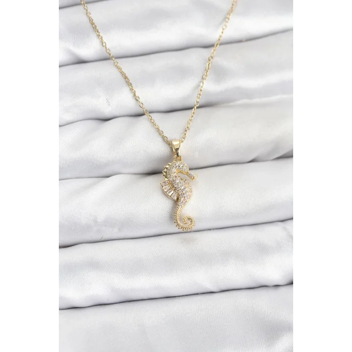 BUĞZ 316L Çelik Zincir Gold Renk Deniz Atı Model Zirkon Taşlı Kadın Kolye