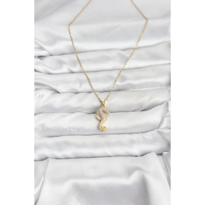 BUĞZ 316L Çelik Zincir Gold Renk Deniz Atı Model Zirkon Taşlı Kadın Kolye