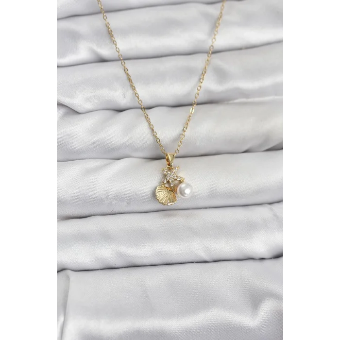 BUĞZ 316L Çelik Zincir Gold Renk Deniz Kabuğu ve Deniz Yıldızı Model Zirkon Taşlı Kadın Kolye