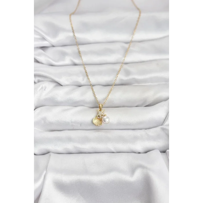 BUĞZ 316L Çelik Zincir Gold Renk Deniz Kabuğu ve Deniz Yıldızı Model Zirkon Taşlı Kadın Kolye