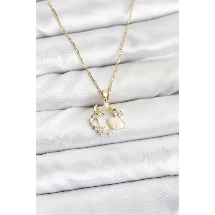 BUĞZ 316L Çelik Zincir Gold Renk Deniz Tema Model Zirkon Taşlı Kadın Kolye
