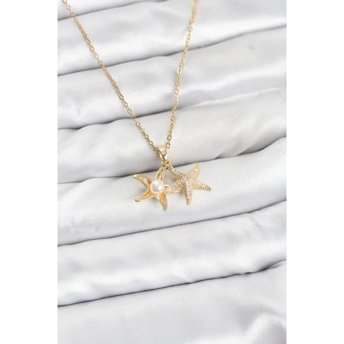 BUĞZ 316L Çelik Zincir Gold Renk Deniz Yıldızı Model Zirkon Taşlı Kadın Kolye
