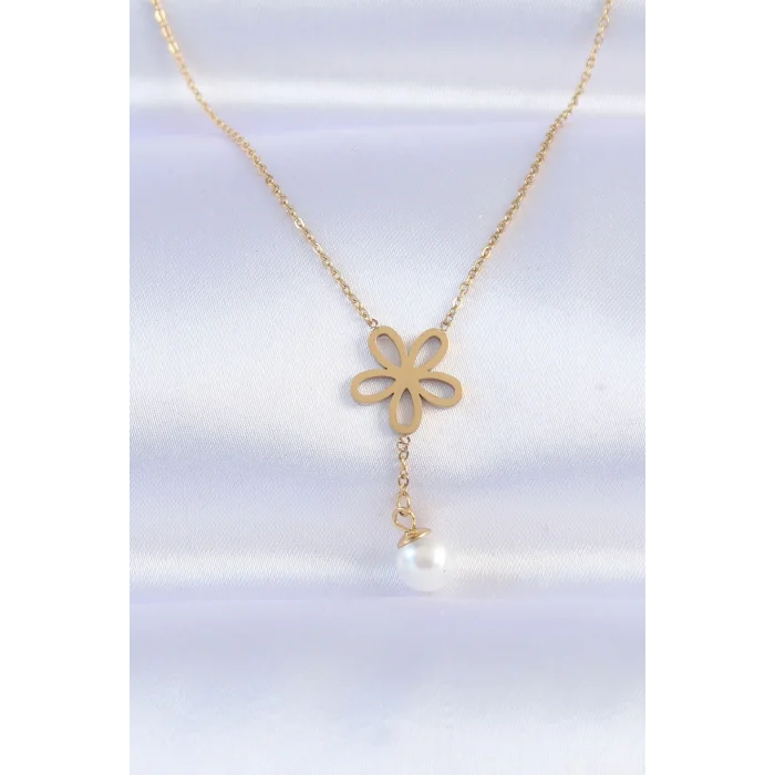 BUĞZ 316L Çelik Zincir Gold Renk İnci Detay Çiçek Kolye