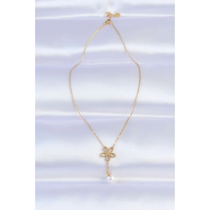 BUĞZ 316L Çelik Zincir Gold Renk İnci Detay Çiçek Kolye